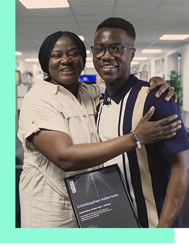 Learn more about our Apprentice of the Year 2023, pictured here with his mum and award